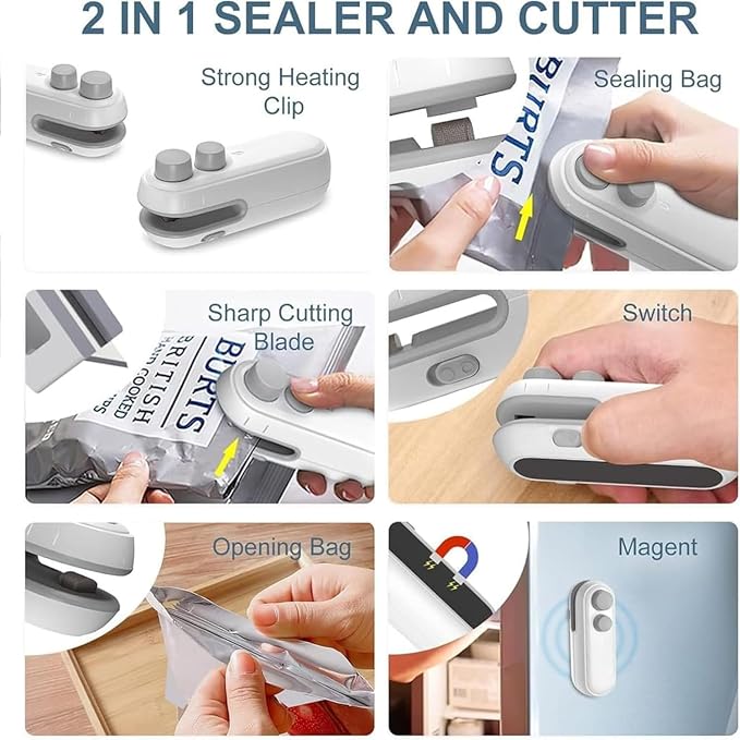 Advanced 2 in 1 USB Rechargeable Magnetic Heat Sealing & Cutting Machine for Plastic Packing Bag Sealer Mini for Food, Snack, Chips, and Plastic Bags